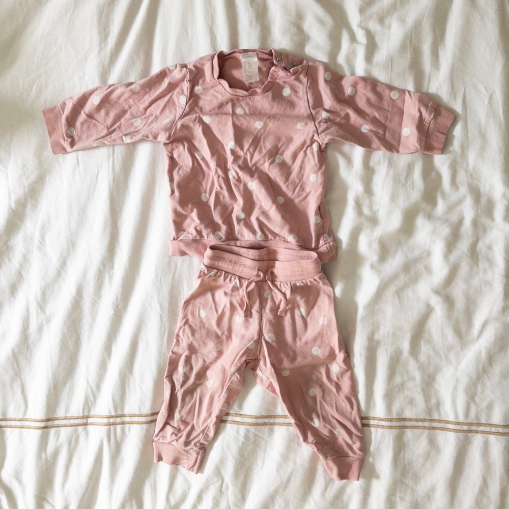 H&M pink polka dot sweatsuit, size 9-12 months